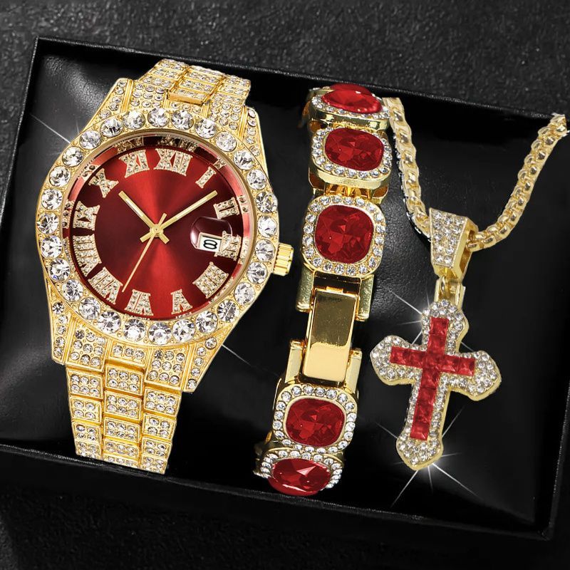 Men'S Watch Set Luxury Men'S Watch Artificial Gemstone Bracelet Cross Necklace - Green - Size 1