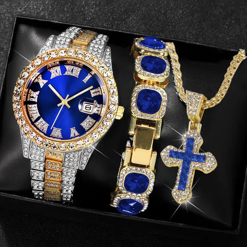 Men'S Watch Set Luxury Men'S Watch Artificial Gemstone Bracelet Cross Necklace - Red - Size 1