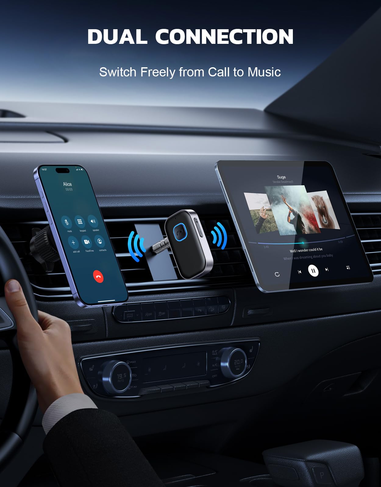 Bluetooth 5.3 Audio Receiver with Mic – Wireless AUX Adapter for Car Stereo, Speakers & Headphones, CVC8.0 Noise Cancellation, Dual Pairing, 16H Battery (Black)