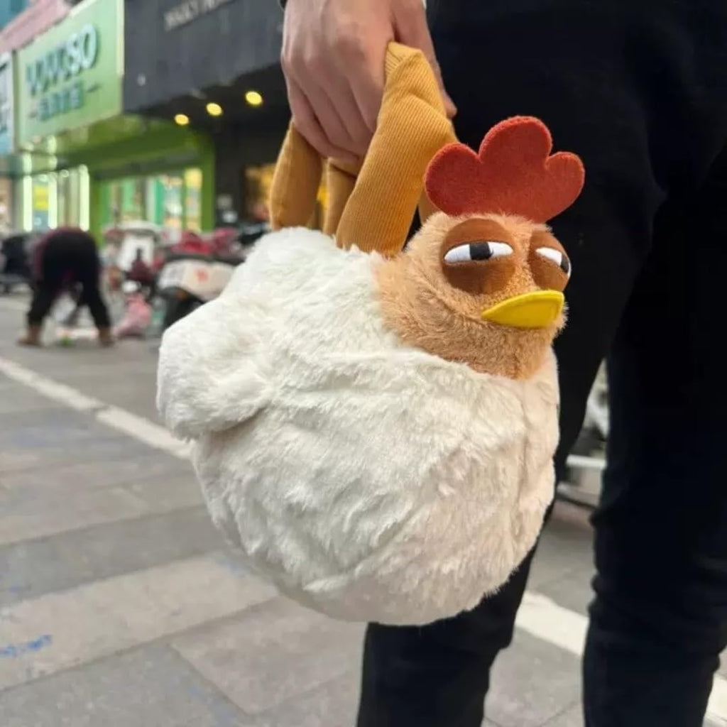 Cute Chicken Plush Handbag – White & Brown Kawaii Animal Tote for Girls & Women | Fun Gift Idea