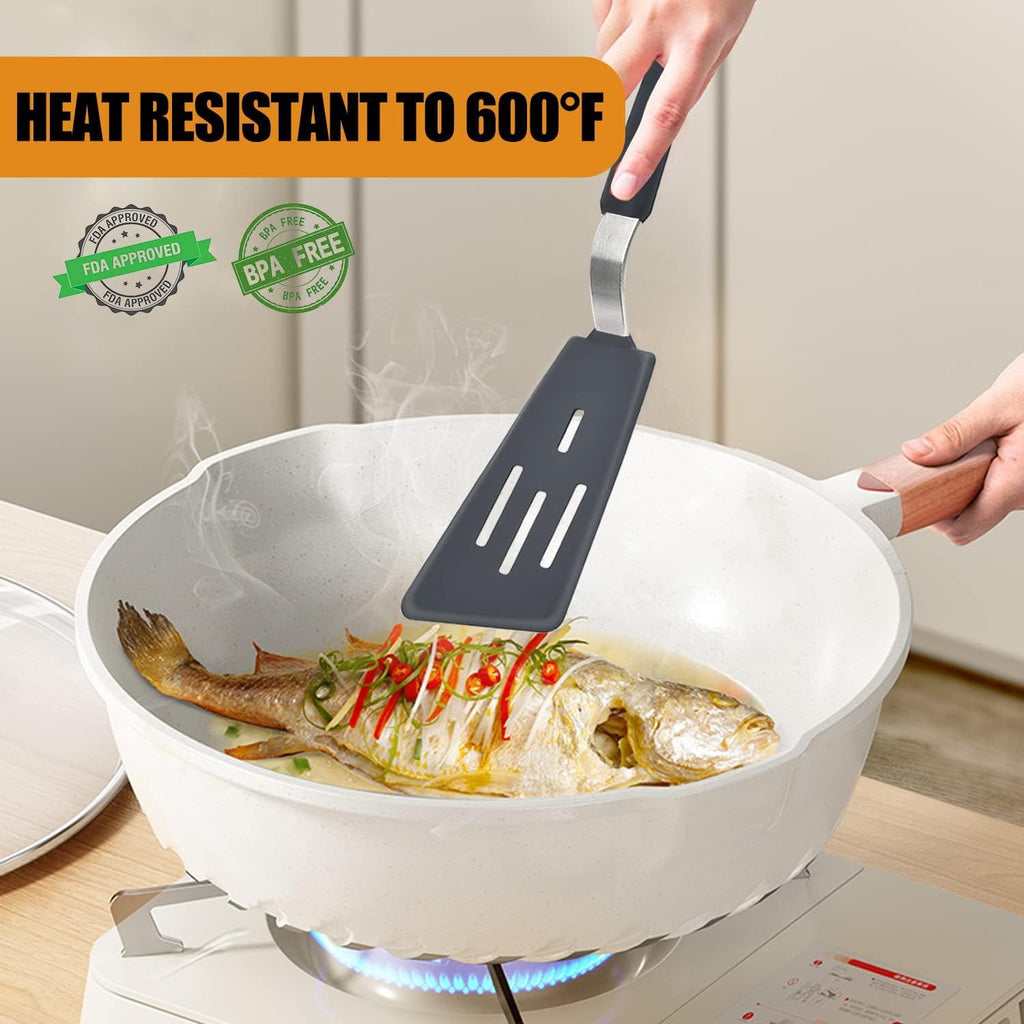 3-Piece Silicone Spatula Set with Stainless Steel Core, 600°F Heat Resistant Turner for Nonstick Cookware, Flexible Kitchen Utensils for Eggs, Fish, Pancakes, Burgers (Black)