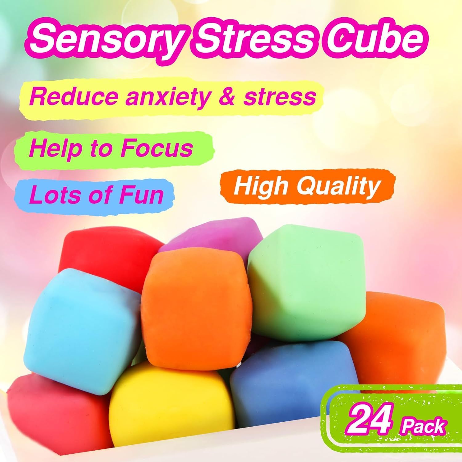 24 PCS Slow Rising Stress Cubes for Office & Classroom – Soft TPR Sensory Fidget Toys to Relieve Anxiety (Multicolor)