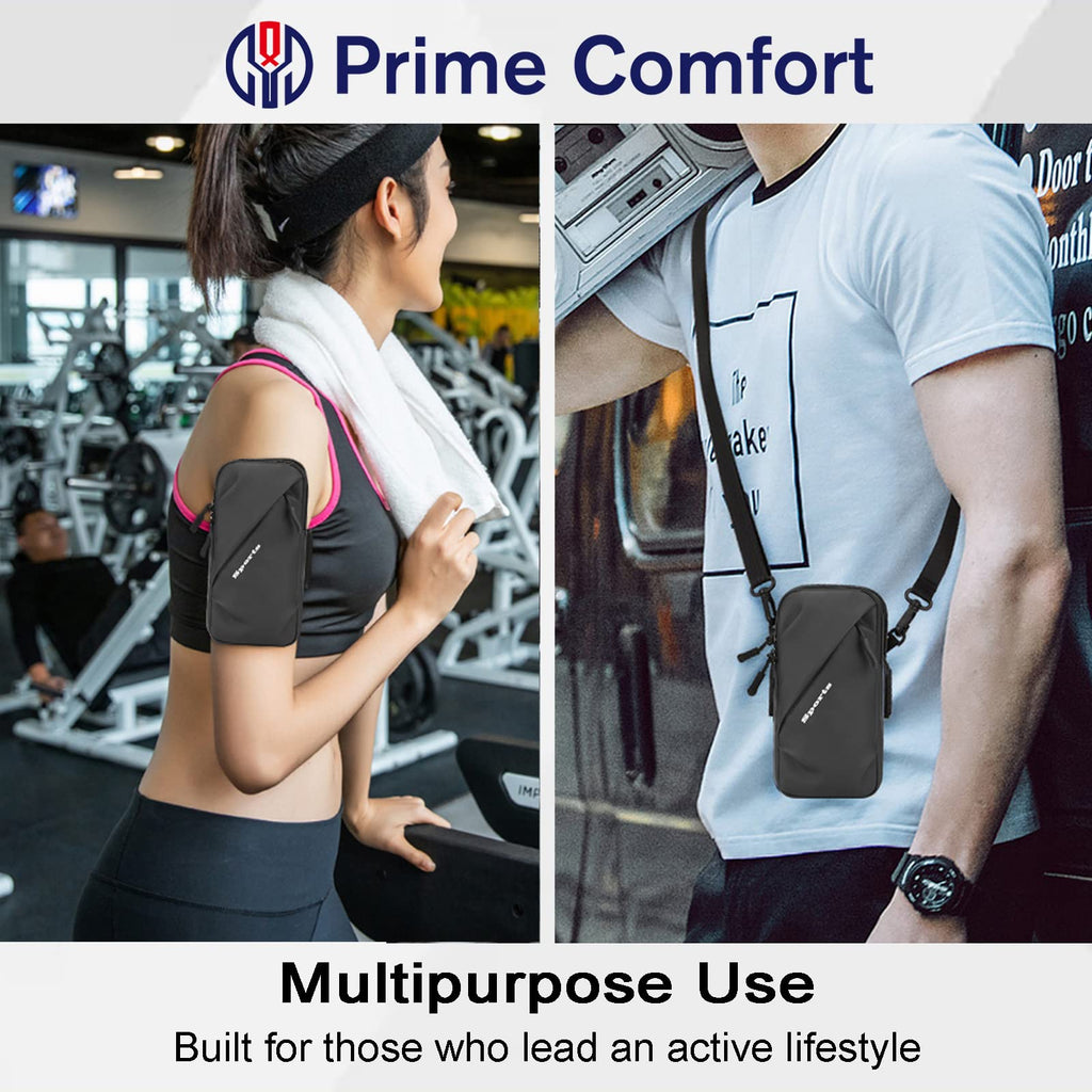 Universal Running Phone Arm Band – Waterproof, Dual Pocket, Adjustable Strap, Breathable Mesh, Fits Phones Up to 6.7 Inches, Crossbody & Waist Clip (Black)