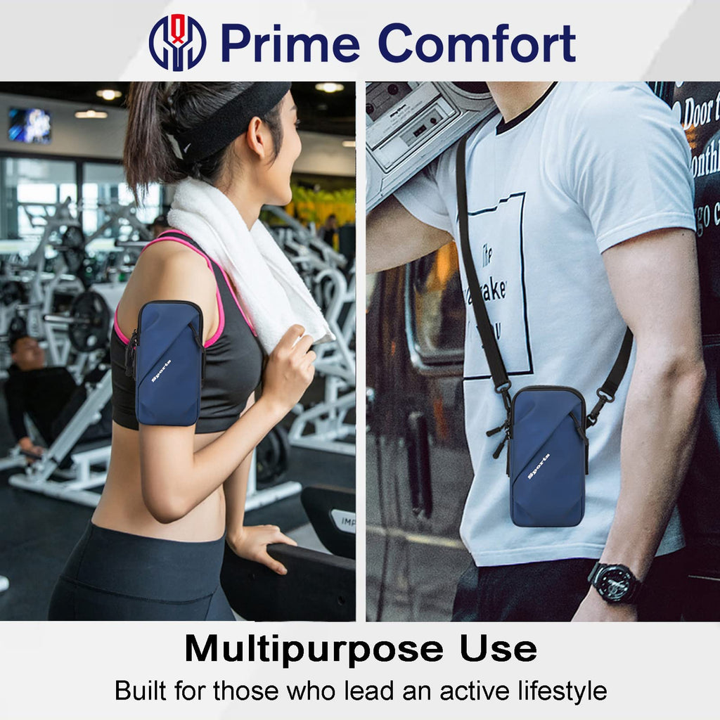 Universal Running Phone Arm Band – Waterproof, Dual Pocket, Adjustable Strap, Breathable Mesh, Fits Phones Up to 6.7 Inches, Crossbody & Waist Clip (Blue)