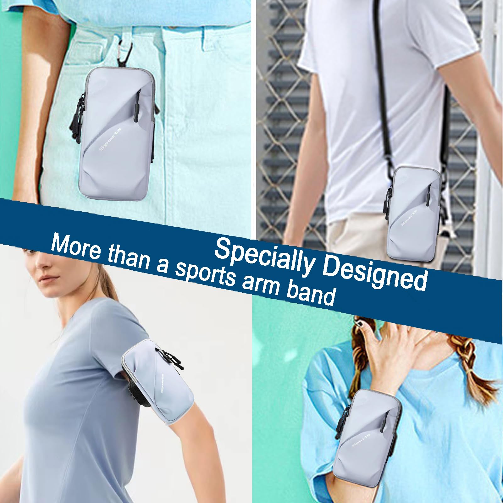 Universal Running Phone Arm Band – Waterproof, Dual Pocket, Adjustable Strap, Breathable Mesh, Fits Phones Up to 6.7 Inches, Crossbody & Waist Clip (Light Blue)