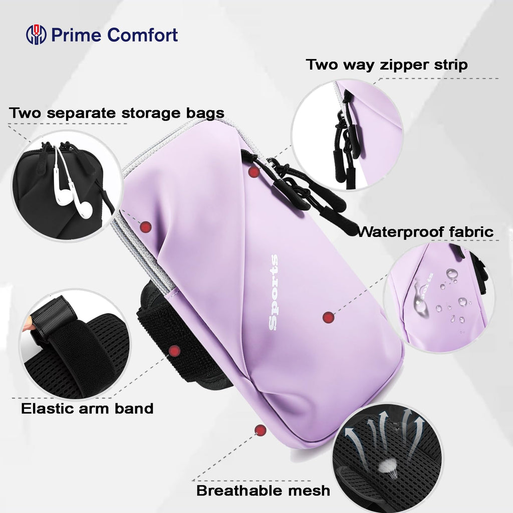 Universal Running Phone Arm Band – Waterproof, Dual Pocket, Adjustable Strap, Breathable Mesh, Fits Phones Up to 6.7 Inches, Crossbody & Waist Clip (Purple)
