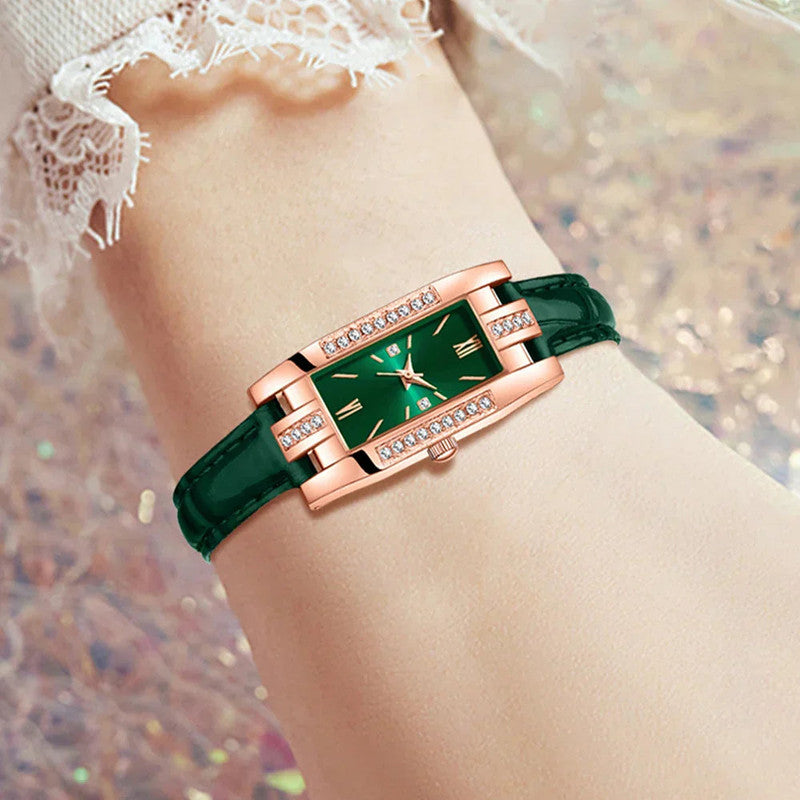 Green Womens Quartz Watch Jewelry Gift Set