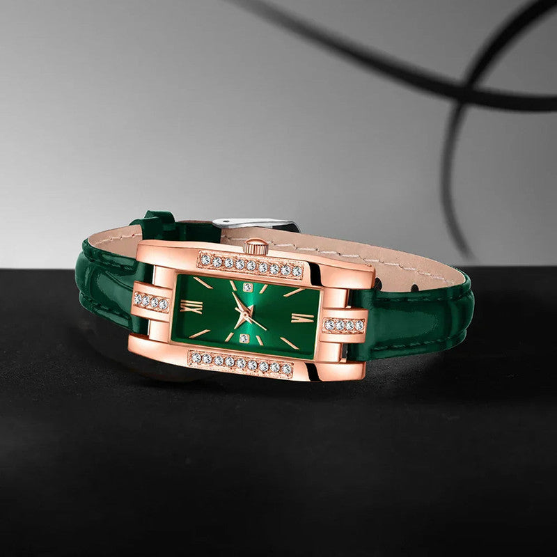 Green Womens Quartz Watch Jewelry Gift Set