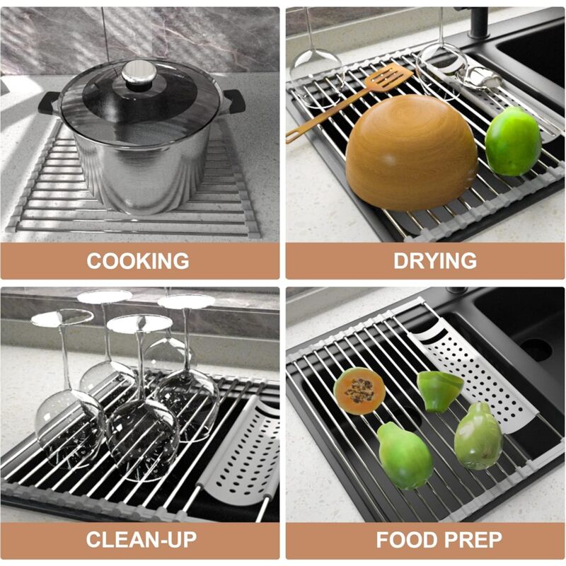 Stainless Steel Kitchen Dish Drainer Rack Foldable And Removable Stainless Steel ROller Drying Rack For Sink Draining