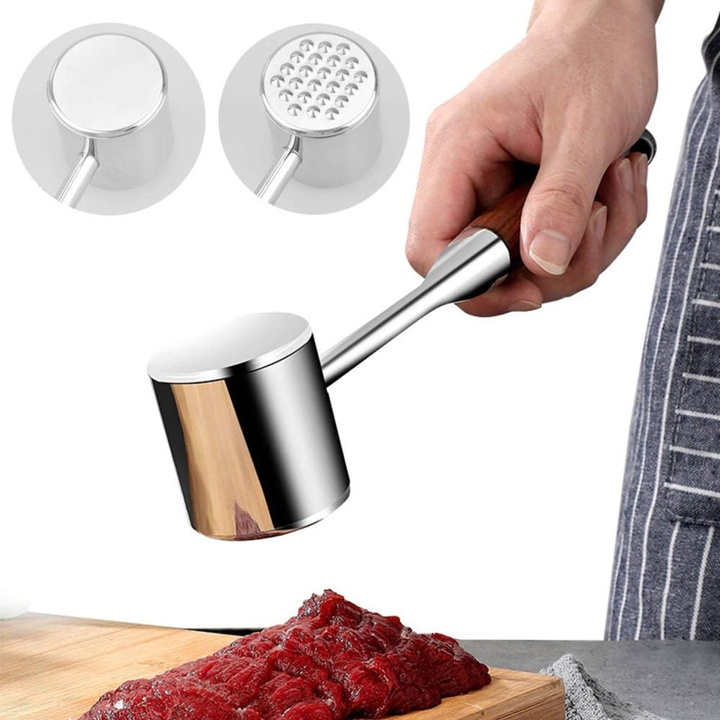Professional Meat Tenderizer - Meat Mallet - Double-Sided Stainless Steel Meat Tenderizer - Steak Mallet with Non-Slip Wooden Handle - Dishwasher Safe Kitchen Utensil