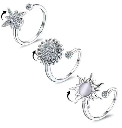 3-Piece Adjustable Stress Ring for Women with Rotatable Decor, Anxiety Relief, One Size