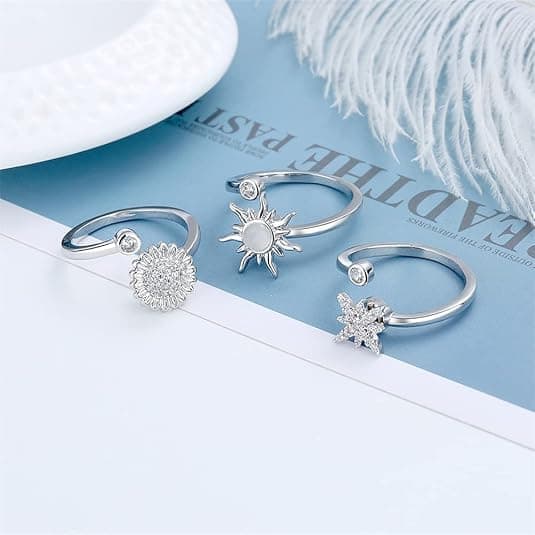 3-Piece Adjustable Stress Ring for Women with Rotatable Decor, Anxiety Relief, One Size