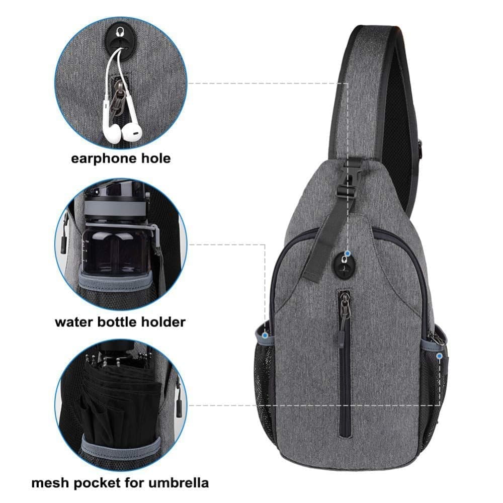 Unisex Multifunctional Shoulder Bag Crossbody Chest Backpack with Headphone Jack for Hiking Travel Climbing, Dark Gray
