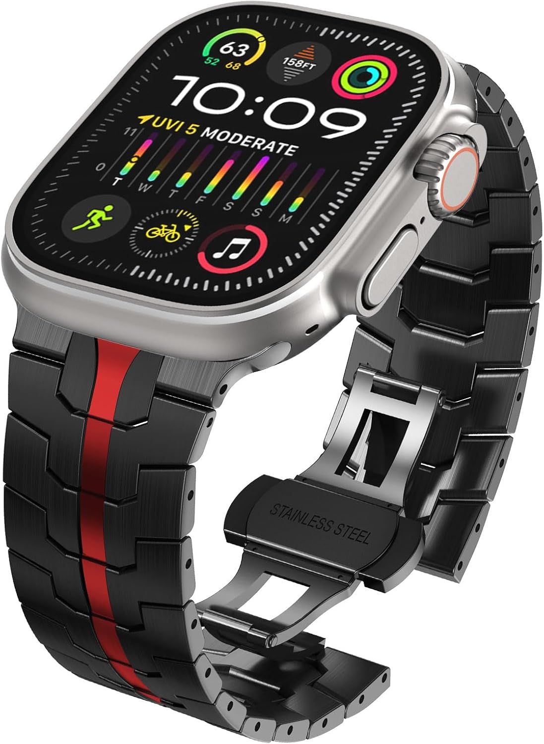 Stainless Steel Watch Band Compatible with Apple Watch Ultra Series Black Red, 38mm/ 40mm/ 41mm