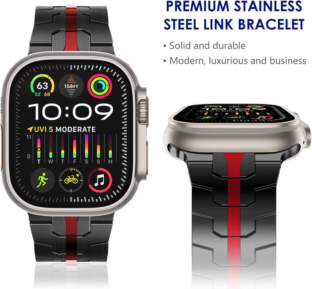 Stainless Steel Watch Band Compatible with Apple Watch Ultra Series Black Red, 38mm/ 40mm/ 41mm