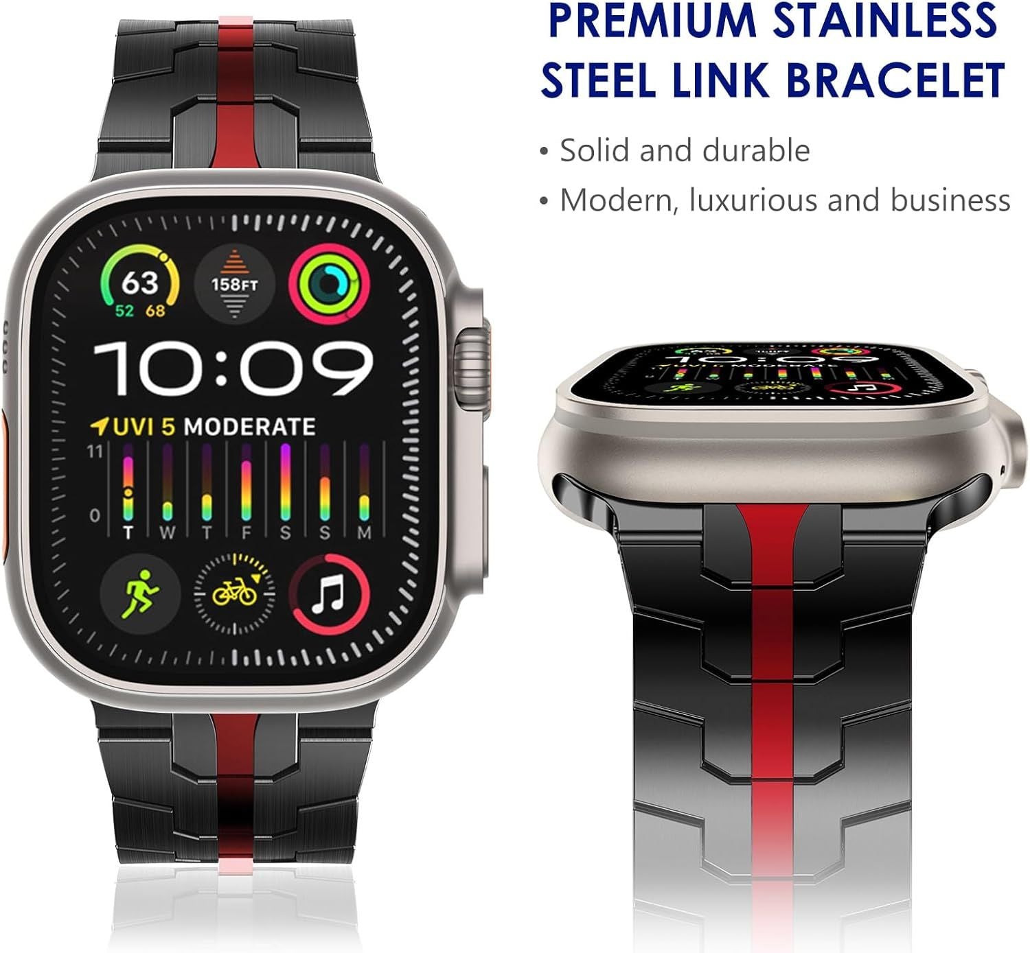 Stainless Steel Watch Band Compatible with Apple Watch Ultra Series Black Red, 38mm/ 40mm/ 41mm
