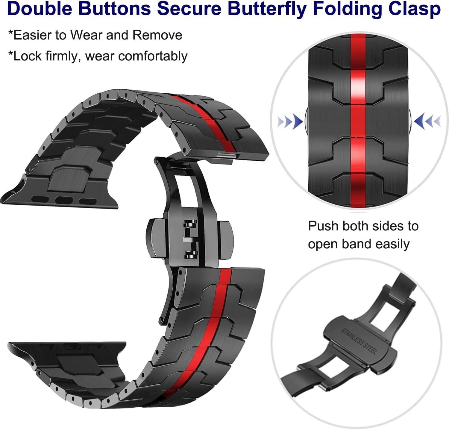Stainless Steel Watch Band Compatible with Apple Watch Ultra Series Black Red, 38mm/ 40mm/ 41mm