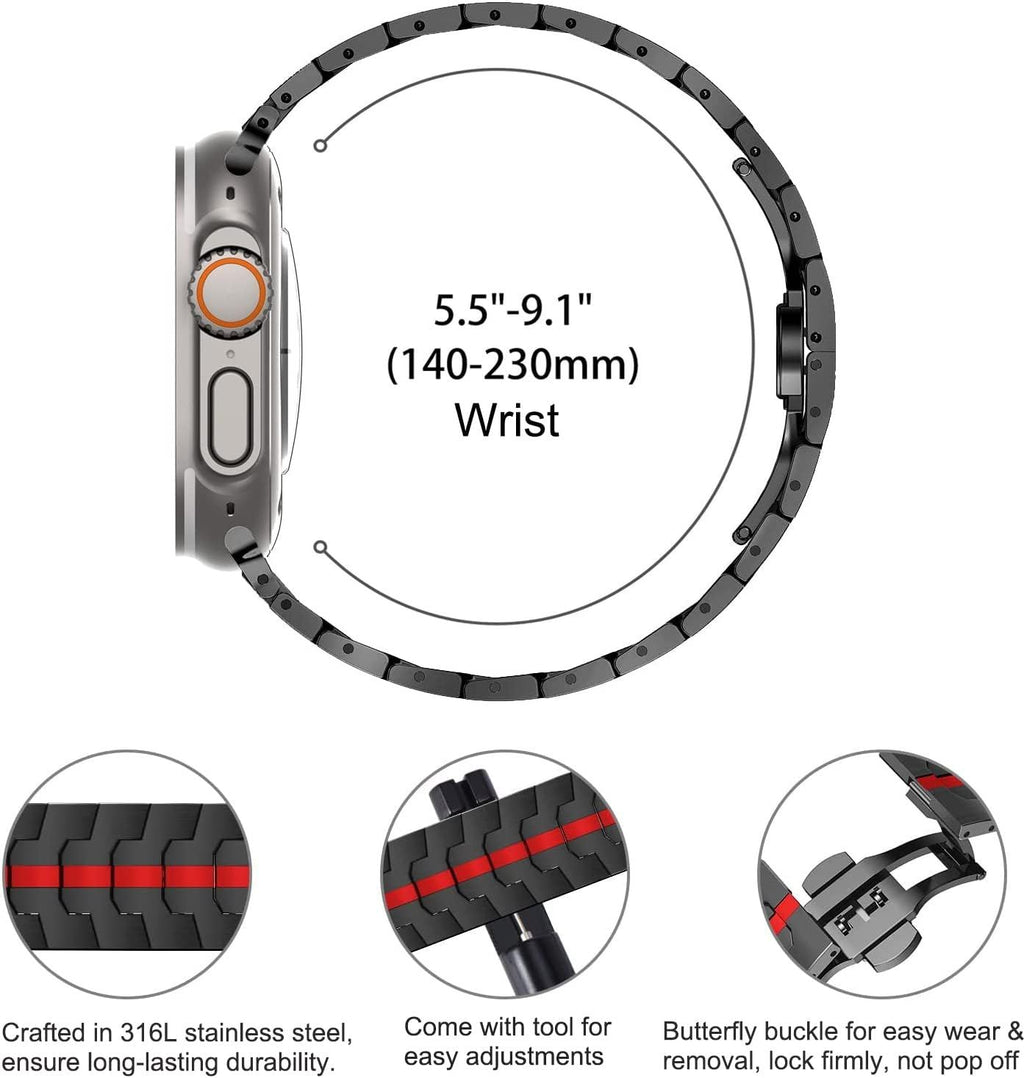 Stainless Steel Watch Band Compatible with Apple Watch Ultra Series Black Red, 38mm/ 40mm/ 41mm