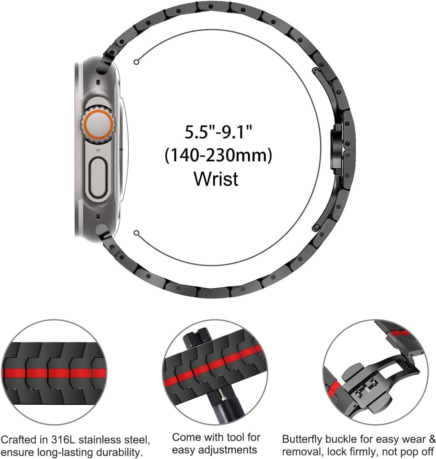 Stainless Steel Watch Band Compatible with Apple Watch Ultra Series Black Red, 38mm/ 40mm/ 41mm