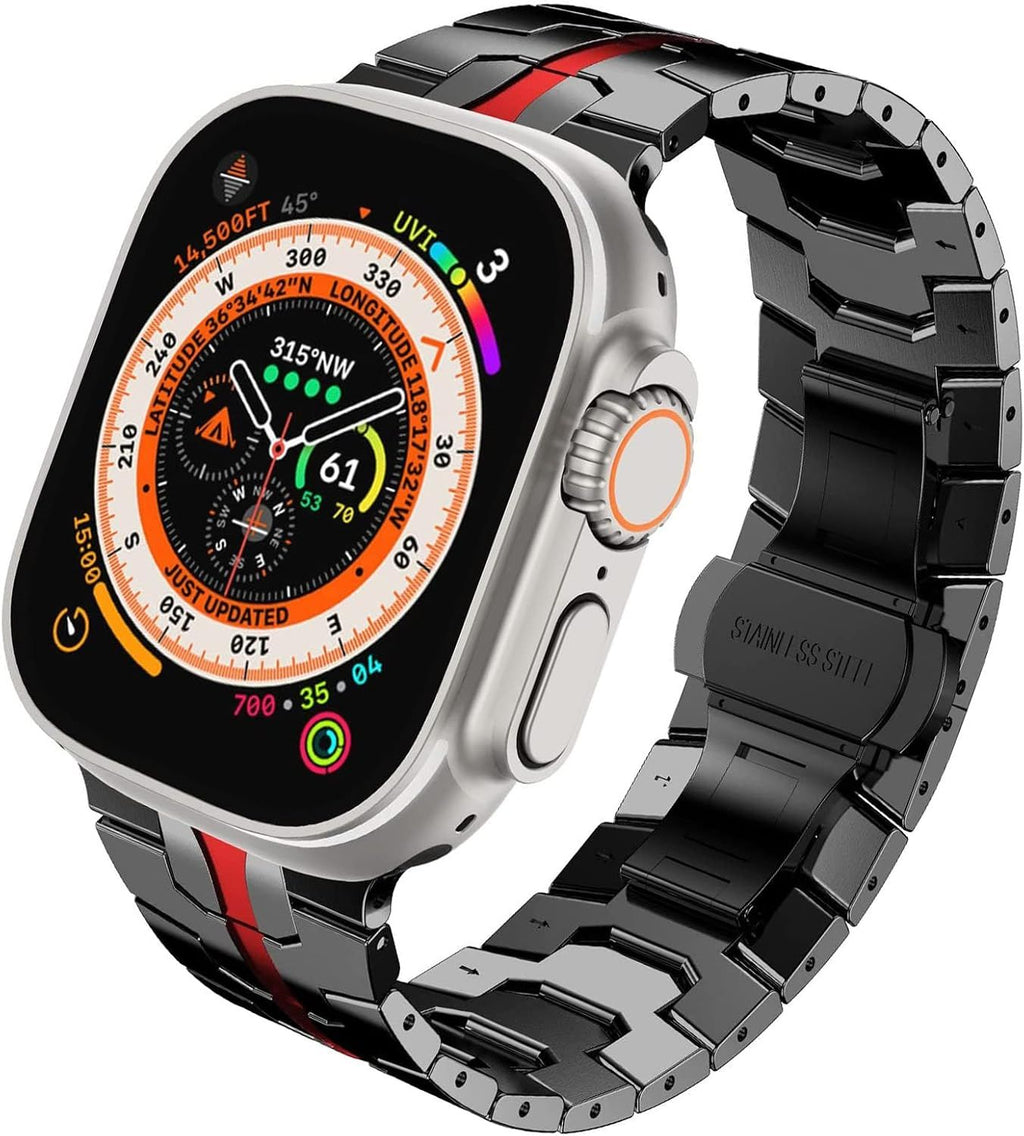 Stainless Steel Watch Band Compatible with Apple Watch Ultra Series Black Red, 38mm/ 40mm/ 41mm