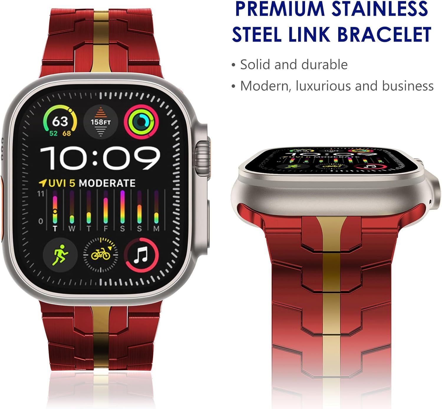 Stainless Steel Watch Band Compatible with Apple Watch Ultra Series Red Gold, 38mm/ 40mm/ 41mm