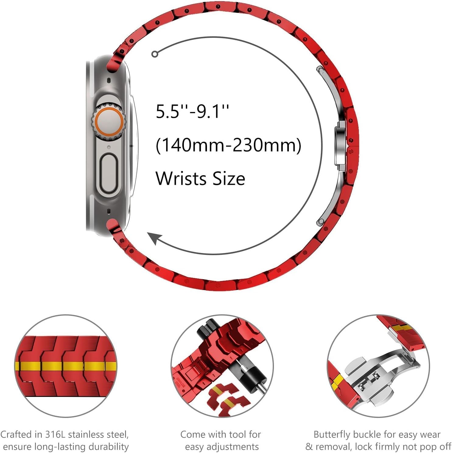 Stainless Steel Watch Band Compatible with Apple Watch Ultra Series Red Gold, 38mm/ 40mm/ 41mm