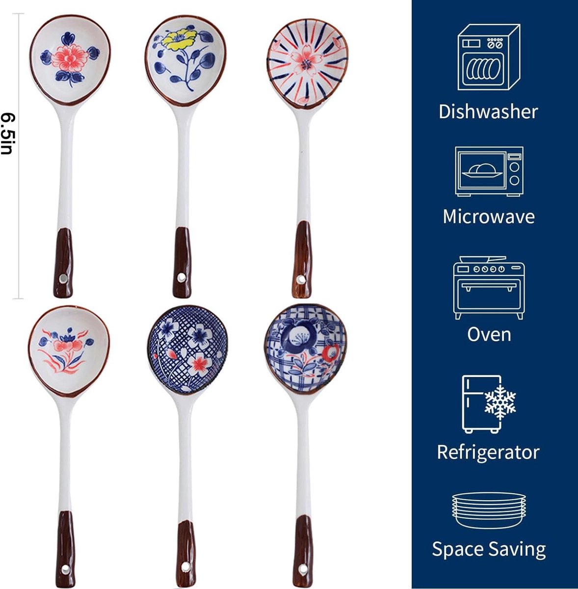 Set of ceramic soup spoons - 6 long-handled Japanese spoons - Easy-to-hold utensils for ramen, wonton, and miso soup - Elegant spoons for noodles and dumplings