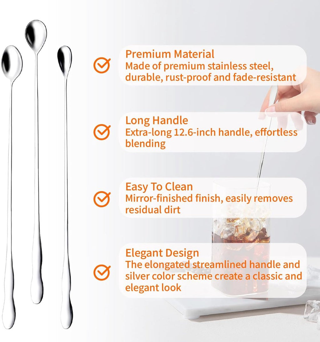 Coffee spoons - Iced tea spoons - Long-handled spoons - Stirring spoons for coffee, ice cream, and cocktails - Stainless steel stirrers - 32 cm dessert spoons (6-pack)