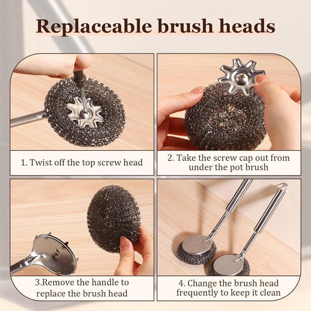Dish Brush/ Steel Brush - Kitchen Brush - Cleaning Brush - Dishwashing Brush - Kitchen Steel Wool Pot Scrubber - For Dishes, Pots, Stoves, Sink - Detachable Brush - With 1 Replacement Head - Can Be Hung