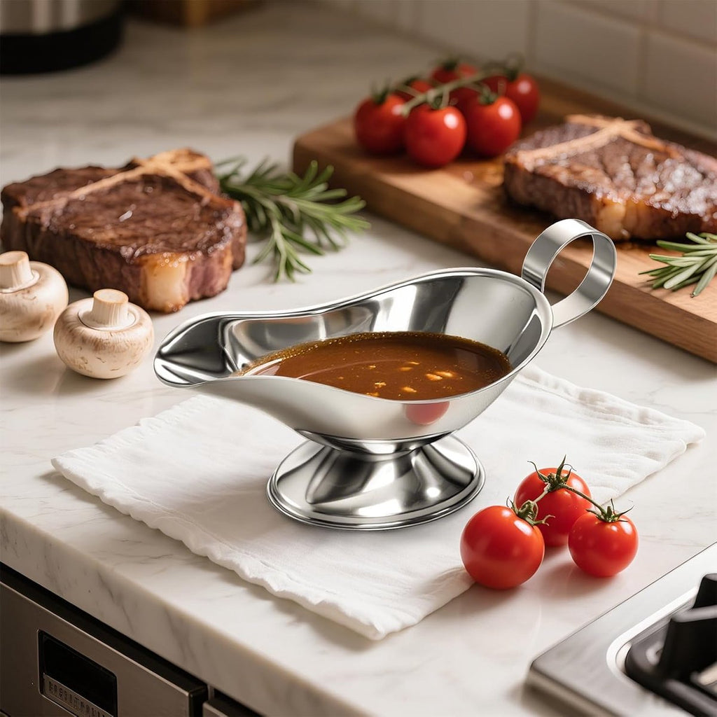 Gravy boat - 1 piece - Sauce boat - Sauciere - Dipping bowls - stainless steel sauce boat - with pouring spout and handle - serving dish - kitchen utensil - for salad dressings, coffee, milk, broth and black pepper - 14*6*5.3 cm - silver