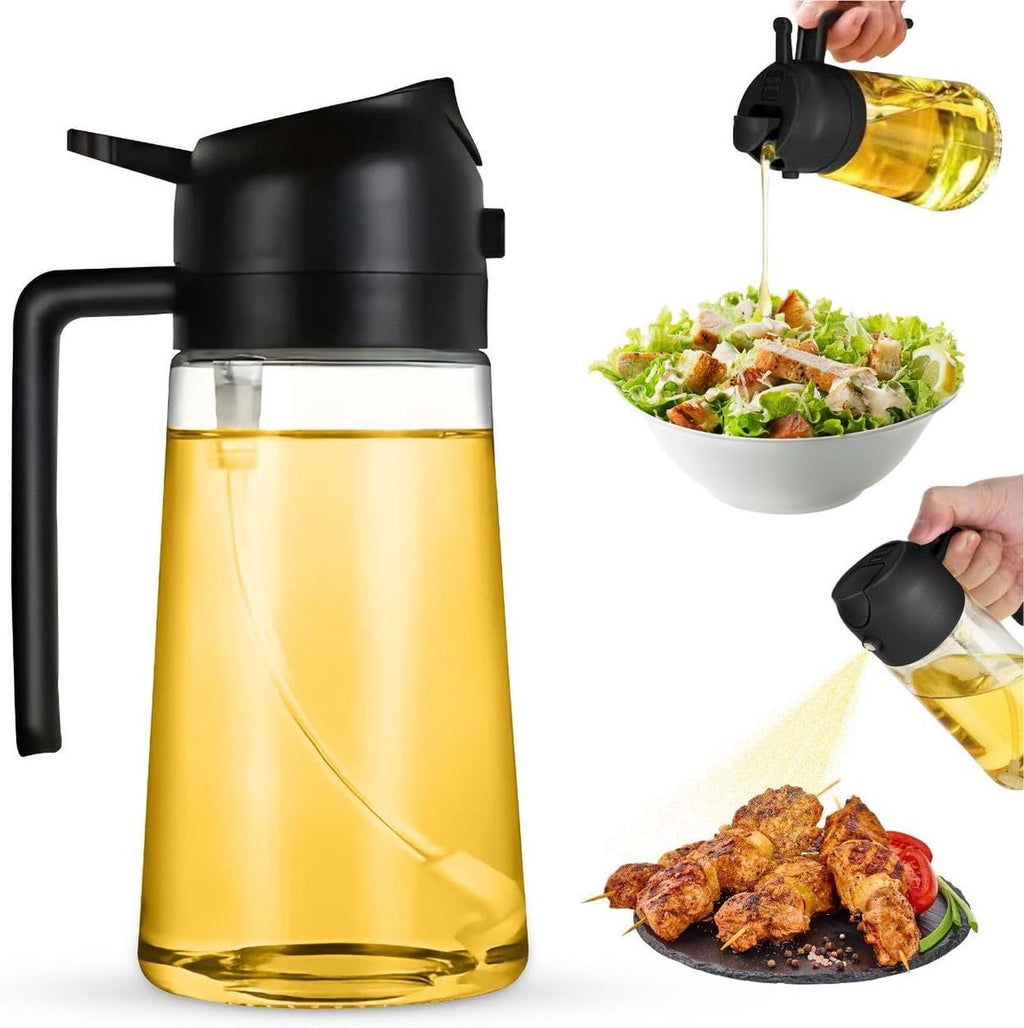 2-in-1 - Oil spray bottle - olive oil dispenser bottle - 470 ml - Olive oil sprayer - oil container - oil bottle - oil spray bottle - oil dispenser - oil atomizer - glass oil spray - kitchen utensil - spray and pour - for kitchen, BBQ, barbecue - black
