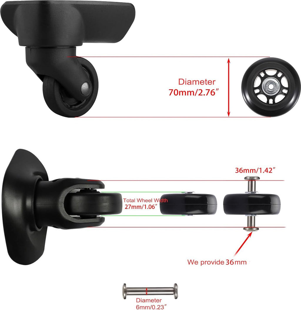 Set of 2 - Suitcase wheels - Replacement wheels for suitcases - Rubber casters - Bearings - Repair kits - 70mm x 24mm - Spare wheels - Suitcase - Casters - Luggage wheels - With screws - Wheels - Caster wheel - Suitcase wheels replacement set