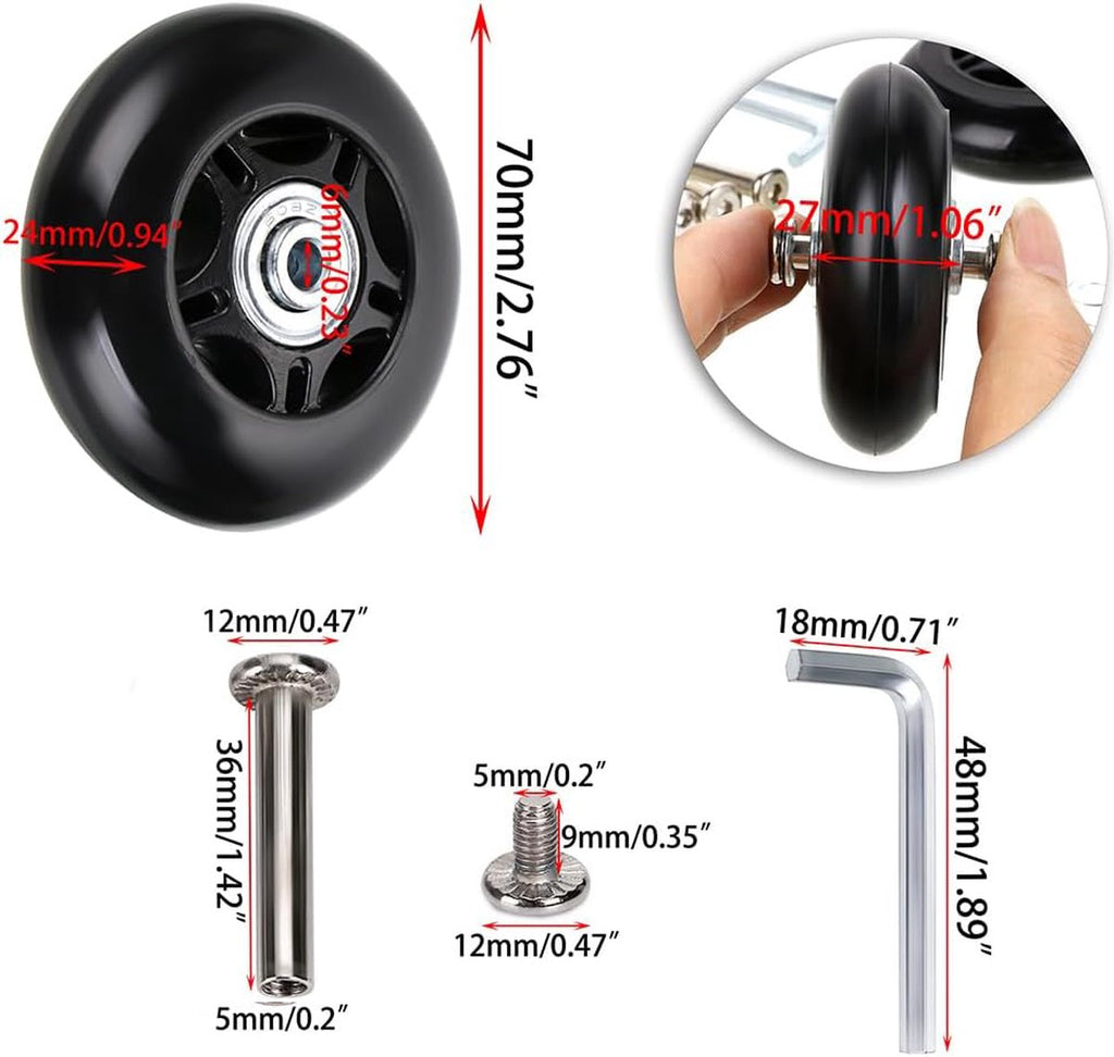 Set of 2 - Suitcase wheels - Replacement wheels for suitcases - Rubber casters - Bearings - Repair kits - 70mm x 24mm - Spare wheels - Suitcase - Casters - Luggage wheels - With screws - Wheels - Caster wheel - Suitcase wheels replacement set