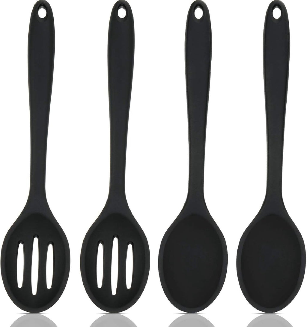 Cooking Spoon - 4 Pieces - Stirring Spoon - Silicone - Spoon - Sauce Spoon - Serving Spoon - Serving Spoon - Heat Resistant - Kitchen Tool - Non-Stick Coating - Kitchen Utensils - Suitable for Kitchens and Dining Rooms - 20.3*4.5 cm - Black