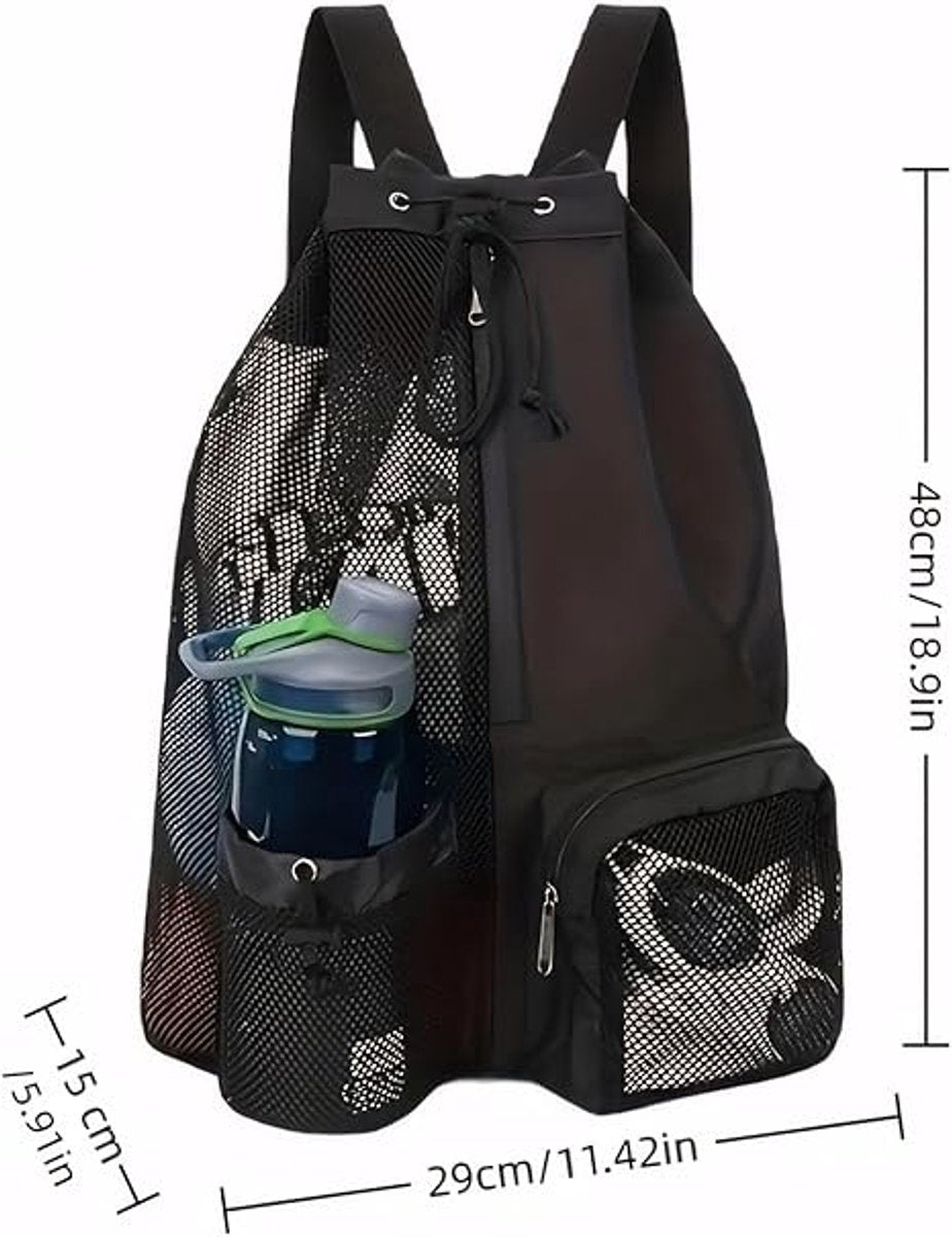 Backpack - Sports Bag - Travel Bag - Training Bag - Swimming Bag - 30*15*45cm - Mesh Material - Drawstring Design - Side Storage Space - Unisex - Suitable for Fitness, Swimming, Travel, Dancing, Camping（Black）