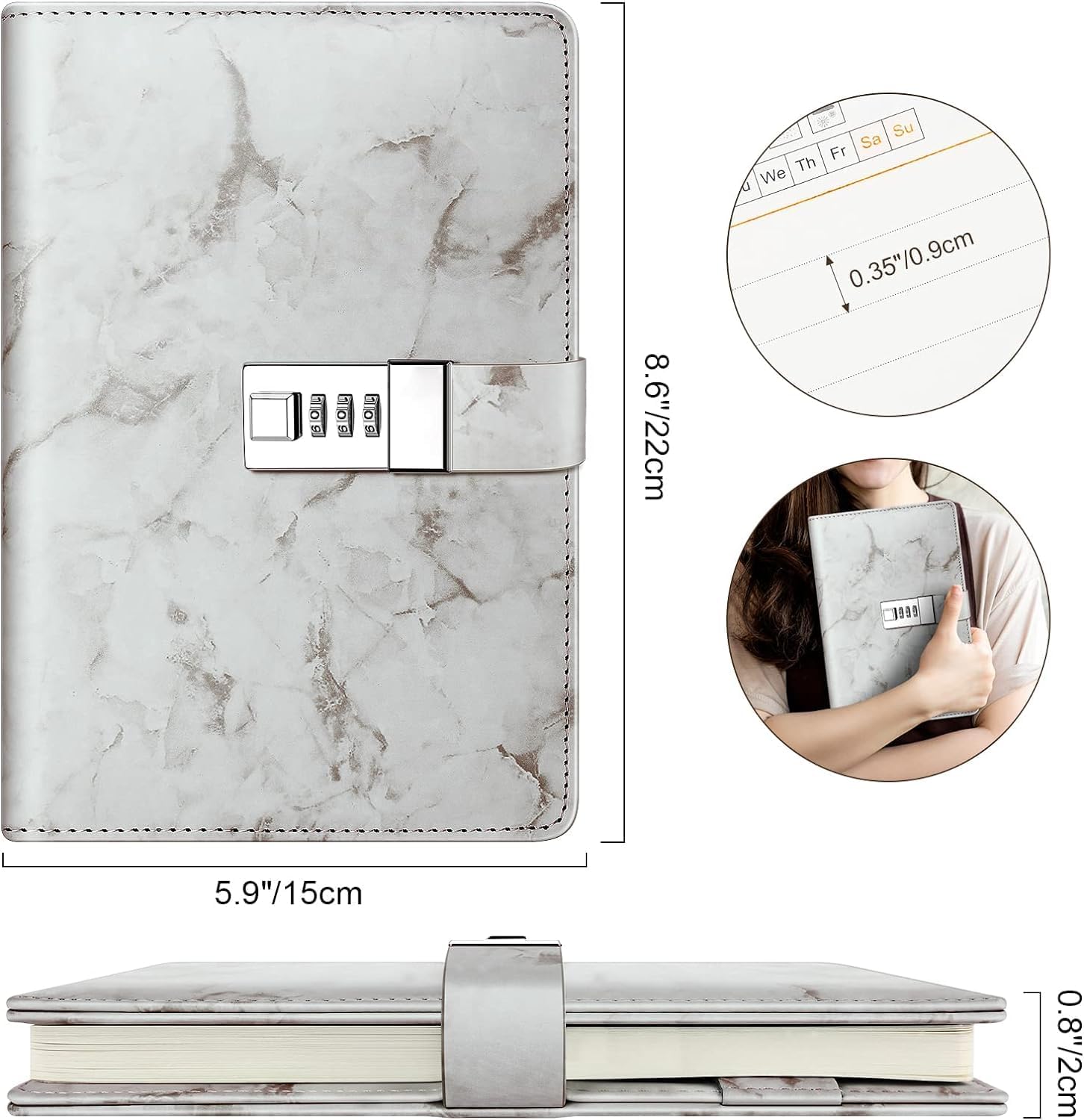 Diary with combination lock, waterproof leather, marble pattern, gray, 1 pack