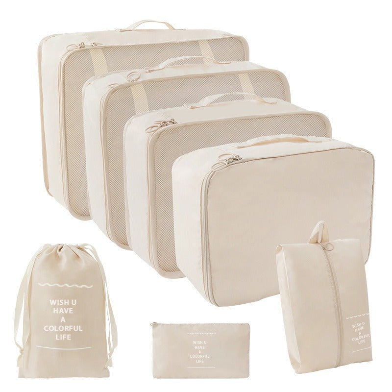Luggage organizer - Travel luggage organizer - For backpacks - Waterproof travel bag - Essential accessory - Beige - 7 items