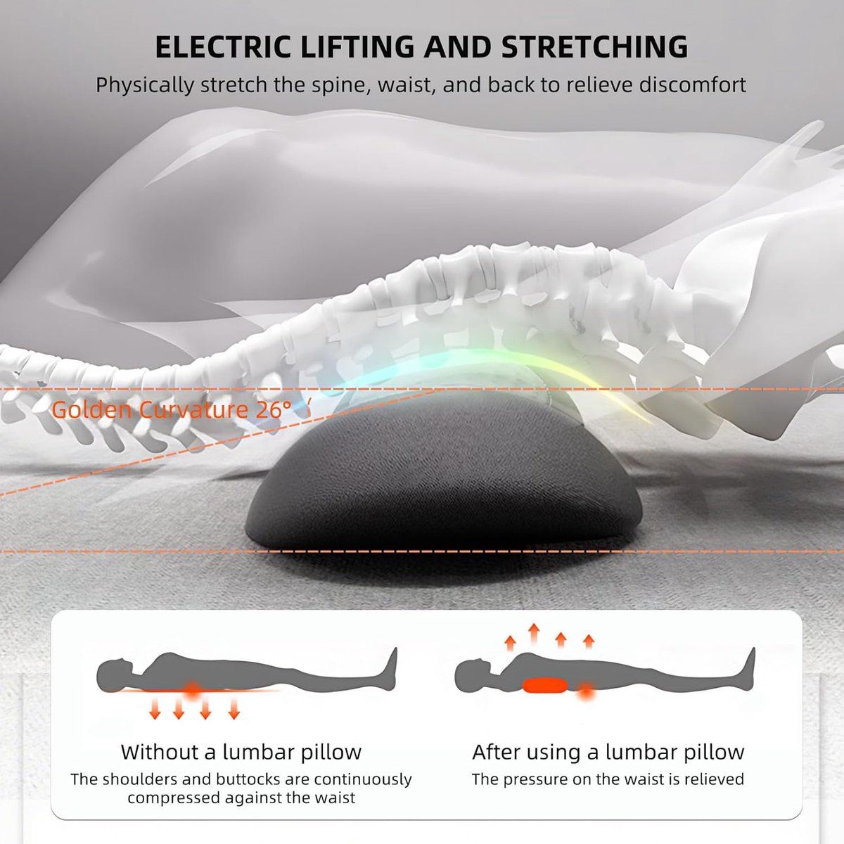 3-in-1 Lumbar Cushion, USB Heated Back Support Pillow with Vibration Massage and Adjustable Air Filling for Home and Office, Grey