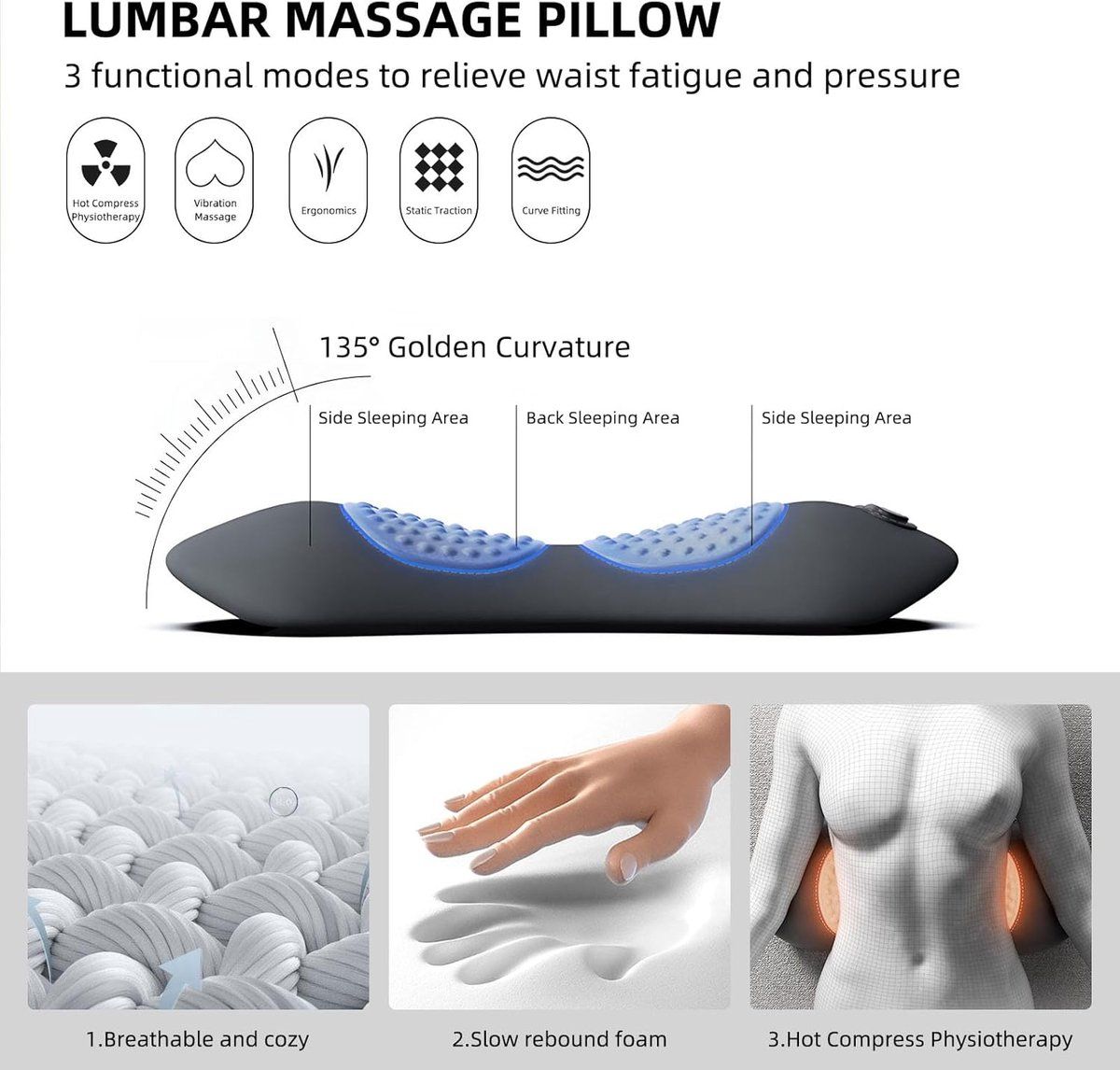 3-in-1 Lumbar Cushion, USB Heated Back Support Pillow with Vibration Massage and Adjustable Air Filling for Home and Office, Grey