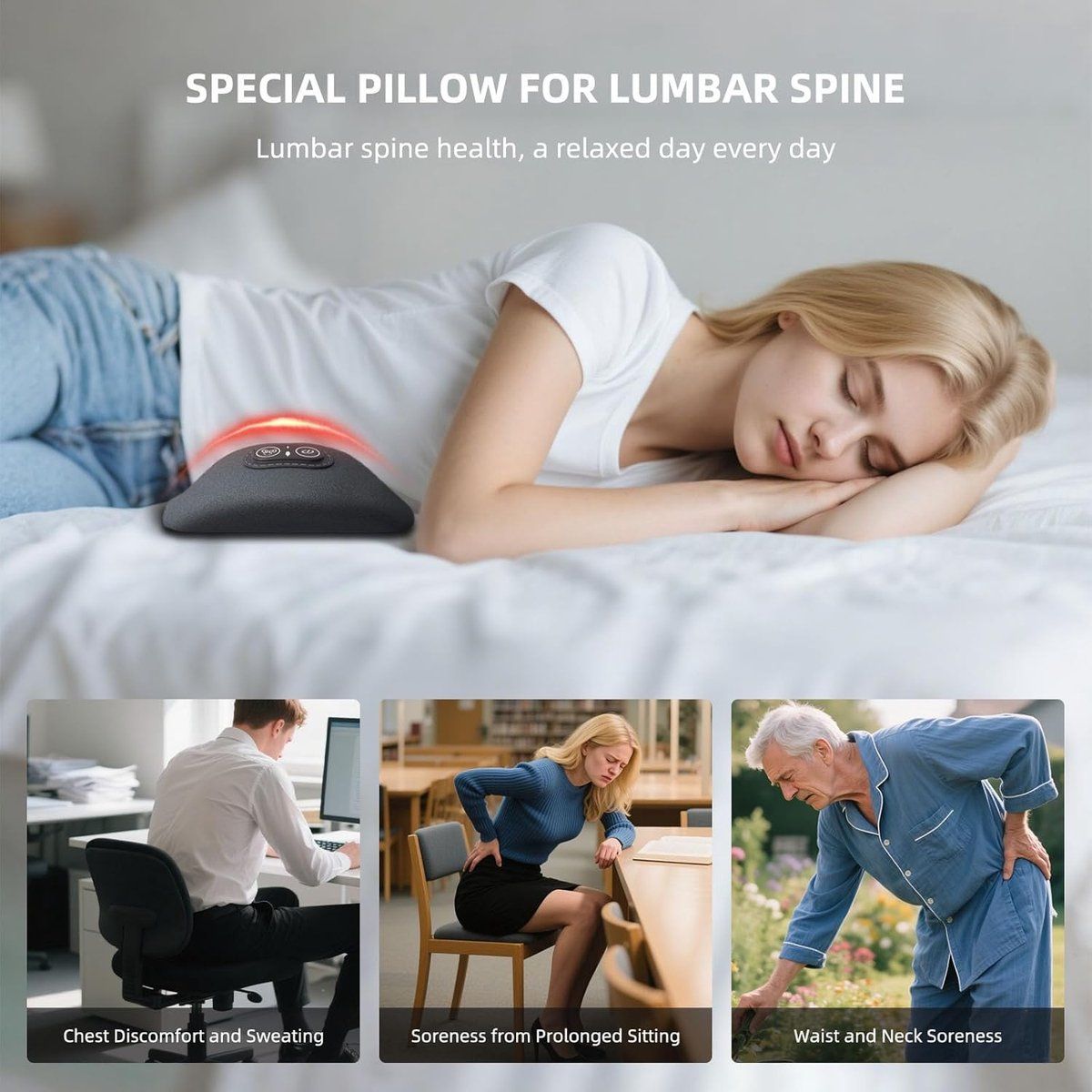 3-in-1 Lumbar Cushion, USB Heated Back Support Pillow with Vibration Massage and Adjustable Air Filling for Home and Office, Grey