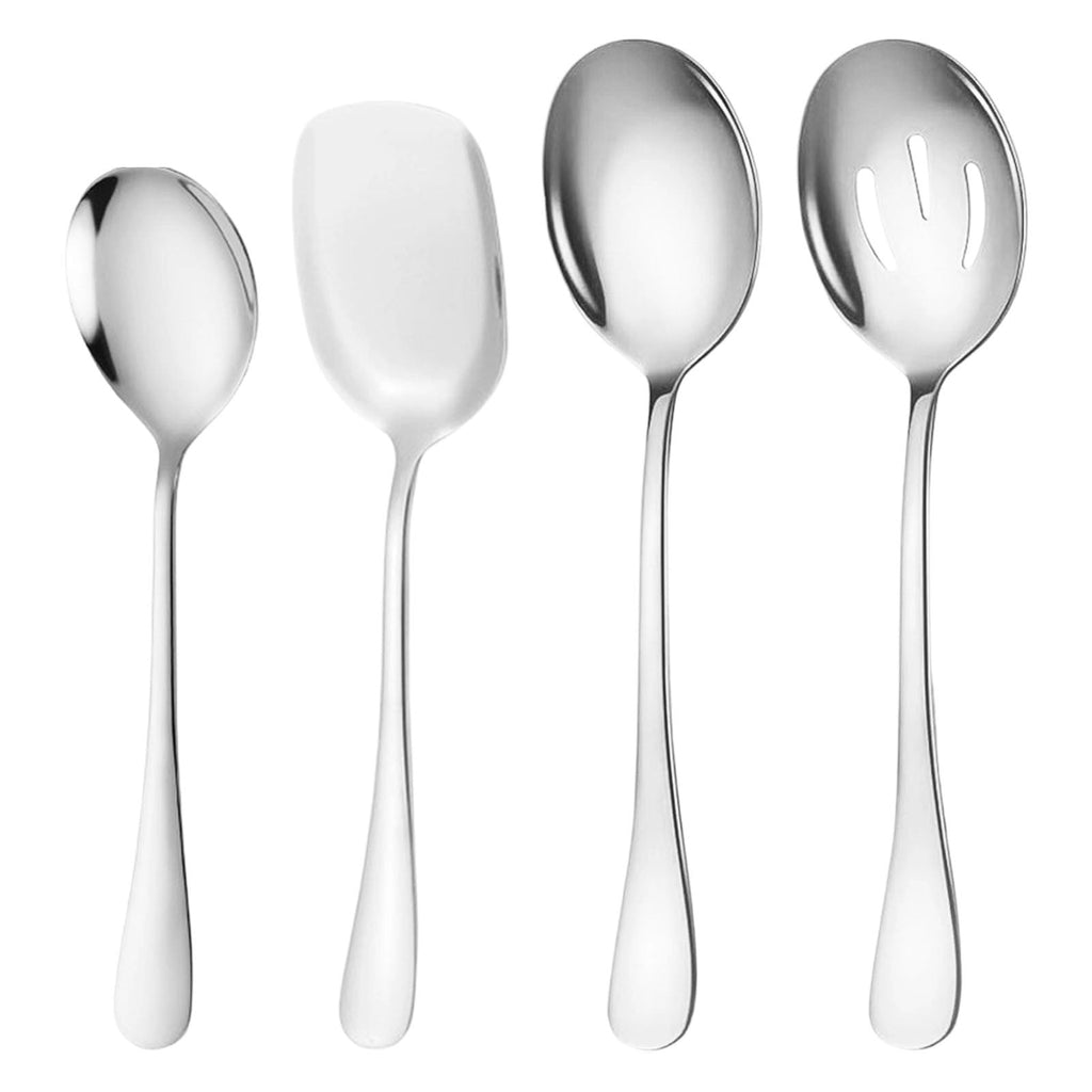 Serving Spoon Set, Stainless Steel Buffet Serving Spoons Set, Includes 3 Serving Spoons and 1 Slotted Spoons, Large Cutlery for Catering Buffet, Mirror Polished, Dishwasher Safe, Set of 4 Multisize Silver*4