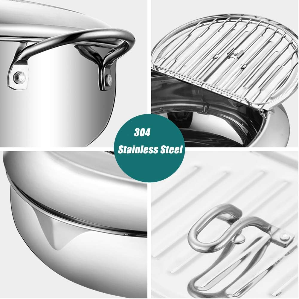 Deep fryer - Tempura pan - 20 cm - Stainless steel pan - Kitchen accessories - Japanese deep fryer - Induction deep fryer - Deep fryer - Cooking pot - Stainless steel pan - Small deep fryer - Kitchen utensils - Household - Silver - 1 piece