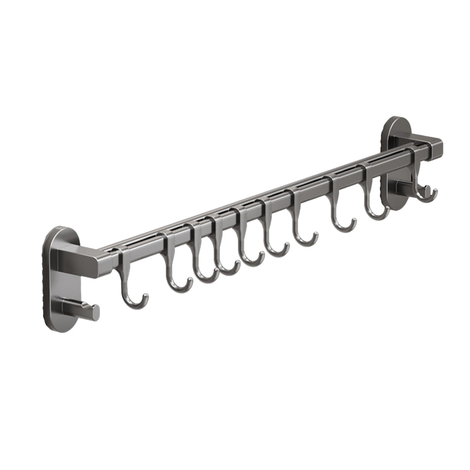 Kitchen Rail with Hooks, Pan and Pot Hangers for Kitchen Wall Mount, Kitchen Hook Rack, No Hole Hanging Rod Wall Mounted Storage Rack, Kitchen Utensil Rack with Removable S Hook, Aluminum Black