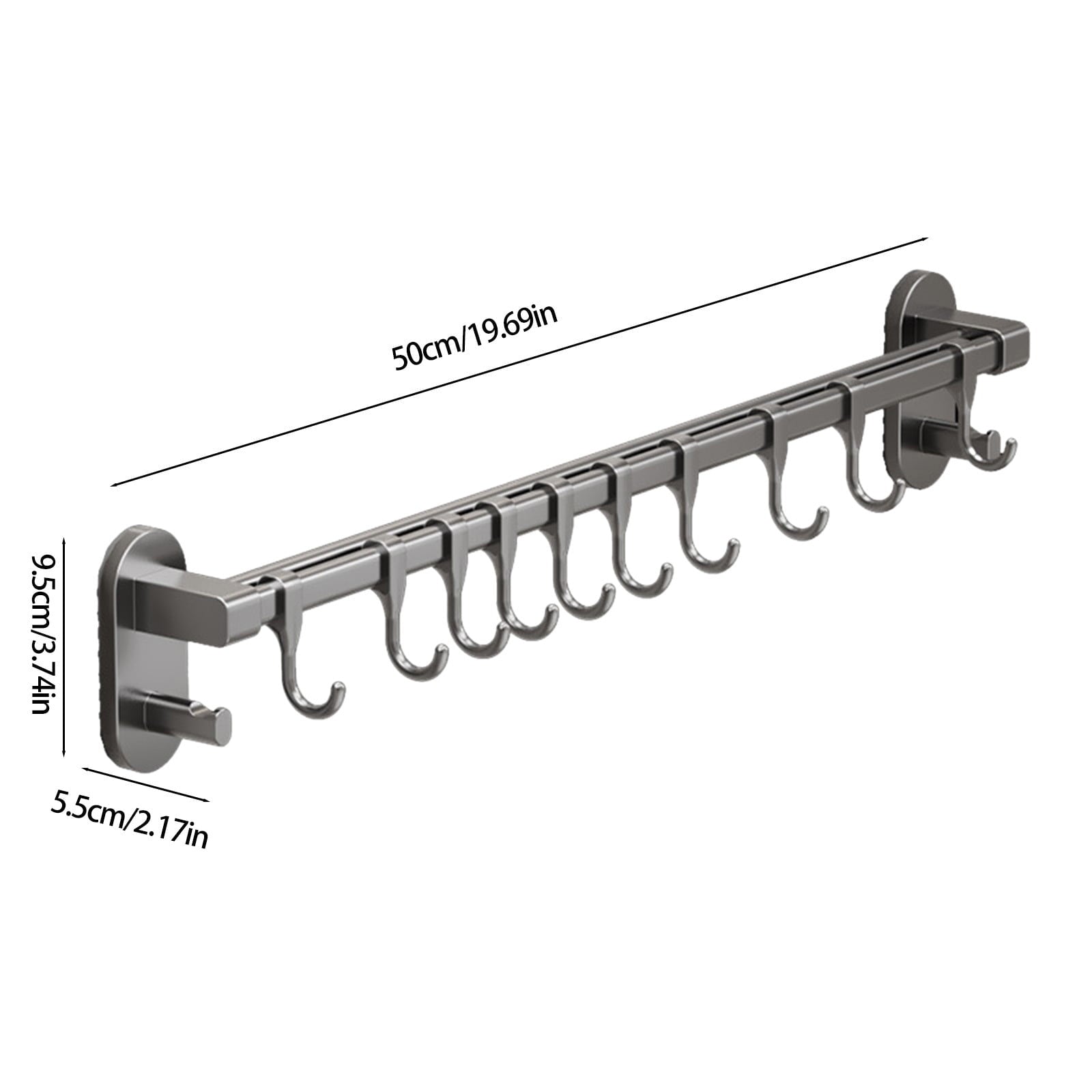 Kitchen Rail with Hooks, Pan and Pot Hangers for Kitchen Wall Mount, Kitchen Hook Rack, No Hole Hanging Rod Wall Mounted Storage Rack, Kitchen Utensil Rack with Removable S Hook, Aluminum Black