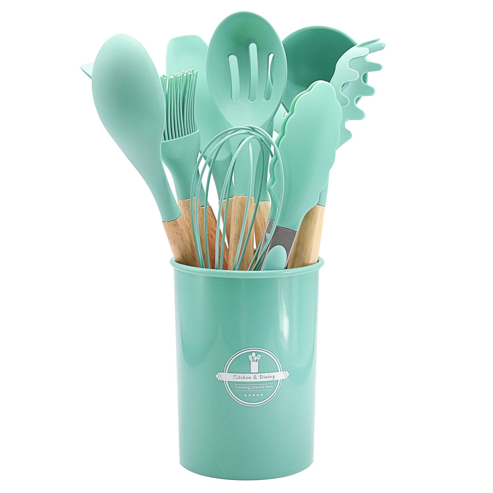 Chmadoxn 12 Pcs Silicone Cooking Kitchen Utensils Set with Holder, Wooden Handles Cooking Tool, Turner Pliers Spatula Spoon Kitchen Gadget Suit for Non-Stick Cookware, Women's Gifts 13×4 in Gray
