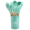 Chmadoxn 12 Pcs Silicone Cooking Kitchen Utensils Set with Holder, Wooden Handles Cooking Tool, Turner Pliers Spatula Spoon Kitchen Gadget Suit for Non-Stick Cookware, Women's Gifts 13×4 in Light Blue