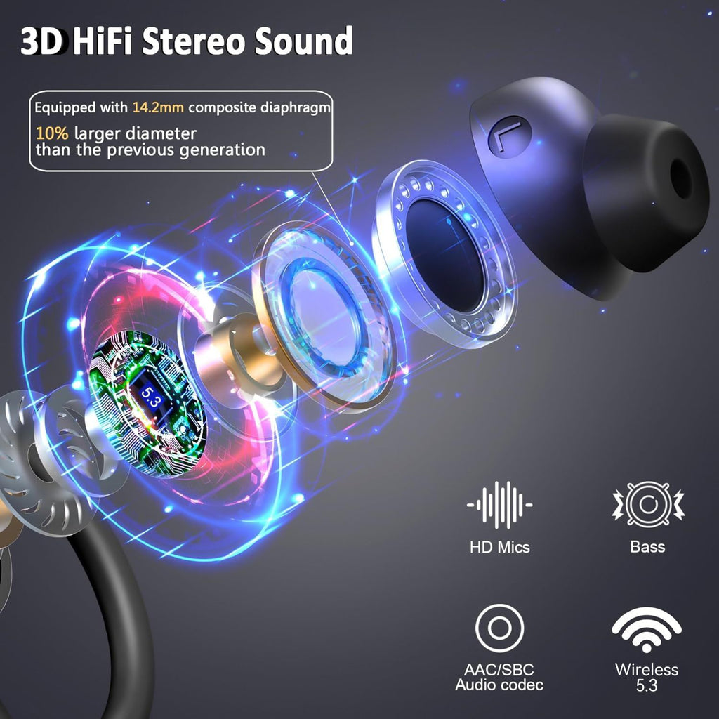 Wireless Earbuds Sport Bluetooth 5.3 Headphones 3D Bass Hi-Fi Stereo Over Ear Buds, 48H Noise Cancelling Headset with Earhook,Earphones Workout Running Gym for Android iOS