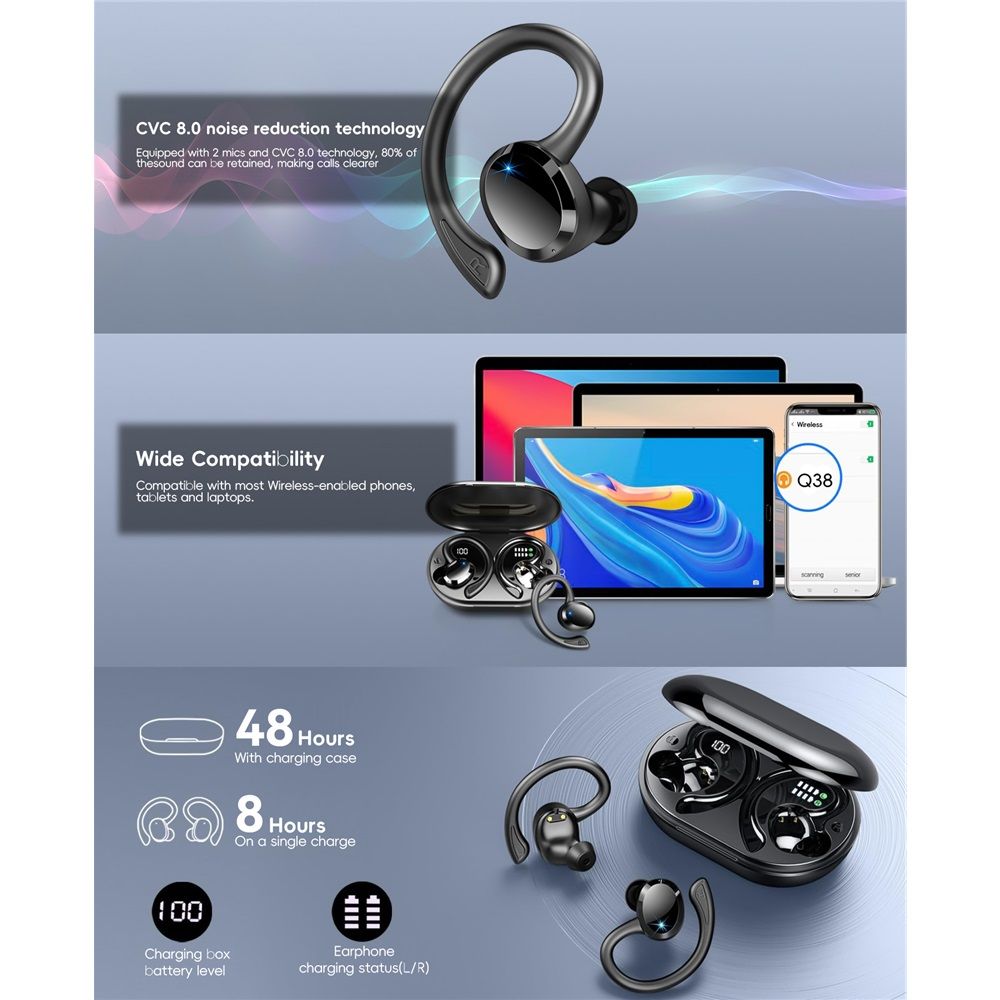 Wireless Earbuds Sport Bluetooth 5.3 Headphones 3D Bass Hi-Fi Stereo Over Ear Buds, 48H Noise Cancelling Headset with Earhook,Earphones Workout Running Gym for Android iOS