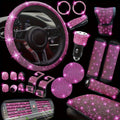 30Piece Bling Car Accessories Set - Universal Fit Steering Wheel Covers, License Plate Frames, Phone Holder, Car Fast Charger, Coasters rose pink