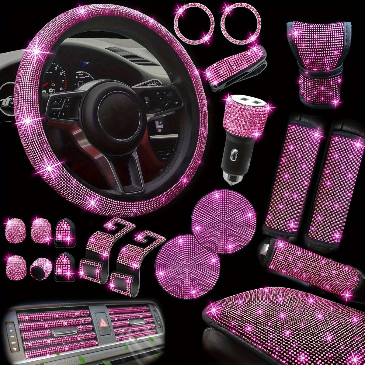 30Piece Bling Car Accessories Set - Universal Fit Steering Wheel Covers, License Plate Frames, Phone Holder, Car Fast Charger, Coasters rose pink